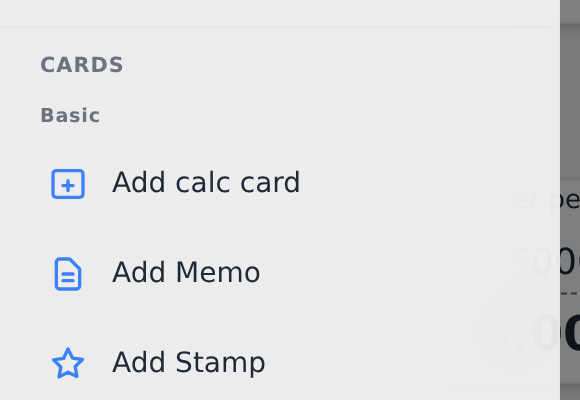 The Card section of the ☰ menu, listing Add Card, Add Memo and Add Stamp